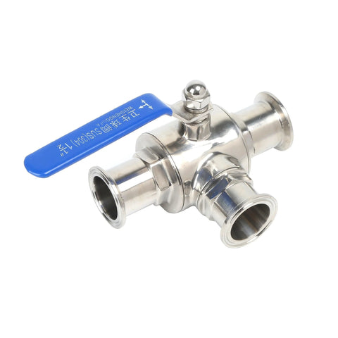 QiiMii 1.5-inch tri-clamp sanitary ball valve, stainless steel 304, 3-way T-port, PTFE-lined, blue lever