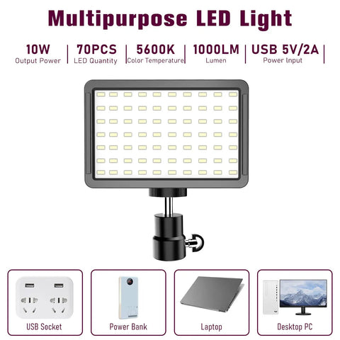 Pro Grade Dimmable USB LED Video Lights Kit With 5600K Daylight showing LED panel and compatibility with devices