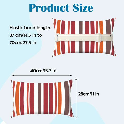 Two Pack Outdoor Chaise Lounge Head Pillow With Elastic Strap Red Stripes Water Resistant Headrest For Recliners Beach Chairs Patio Loungers Office Chairs And Easy Neck Support product size and dimensions illustration.