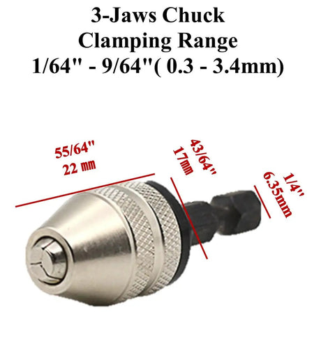 Three Piece Drill Bit Adapter Set With 1/4 Inch Hex Shank For Impact Drivers, durable silver 3-jaws chuck with measurements.
