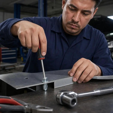 Man using a screwdriver on sheet metal with Heavy Duty Button Rivet Nut Locking Hardware Kit With M4 M5 M6 Threaded Fasteners.