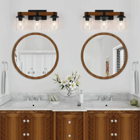 Real Wood Rustic Vanity Light for Farmhouse Bathrooms Over Mirror Three Light Rustic Vanity Lighting With Clear Glass Shades
