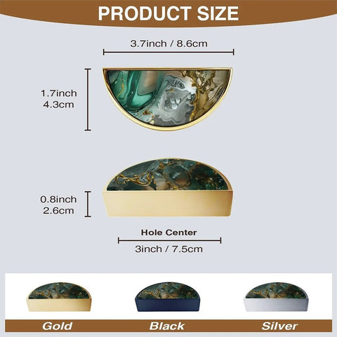 Two Pack Green Gold Fluid Art Cabinet Pulls With 3 Inch Hole Center Gold Semicircle Drawer Handles size diagram