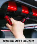Two Pack Roll Bar Grab Handles For Jeep Wrangler Trail Ready Grip in use, showing Oxford cloth with metal buckle and paracord design