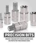 Image showing a selection of Torx bit sockets from the 35 Piece Torx Bit Socket And ETorx Star Socket Set For Heavy Duty Torque in S2 Steel.