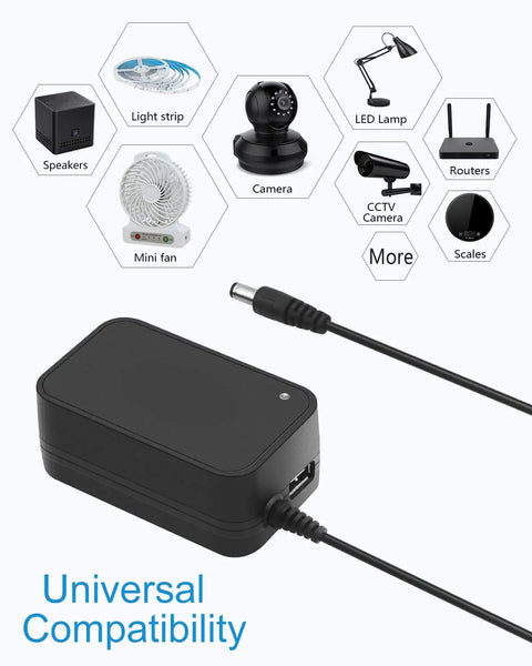 All-In-One 30W Universal Power Adapter With Adjustable DC Output 3V To 12V, 2.5A Max, 14 Tips, 5V 2.1A USB Port, 4.9Ft Cord, 100-240V AC Input, Plug-And-Play Power Supply for gadgets.