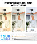 Modern 52" Indoor Ceiling Fan with LED Light Kit, Reversible DC Motor, Double-Sided Plywood Blades & 3-Color Dimmable Lighting showing three light settings.