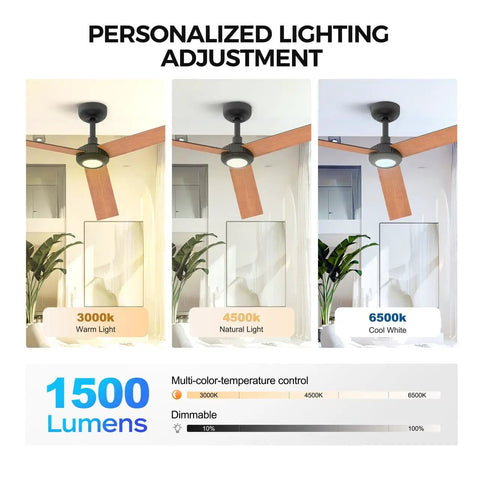 Modern 52" Indoor Ceiling Fan with LED Light Kit, Reversible DC Motor, Double-Sided Plywood Blades & 3-Color Dimmable Lighting showing three light settings.