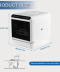 Portable Countertop Dishwasher With 6L Water Tank And 360 Dual Spray For Apartments And RVs No Plumbing Connections Or Mess High Temp Cleaning Cycle With Air Dry Feature Totally Plug And Play Setup Good For Renters showing size dimensions and installation-free water filling.
