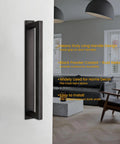 Rustic 12 Inch Barn Door Handle, Heavy Duty Matte Black Square Door Pull With Long Flush Base installed on barn door