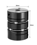 Front view of black 6x8mm clamp-tight motor shaft coupling with diaphragm design, 26mm diameter, 35mm tall.