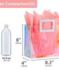8.3 Inch Holographic Gift Bag With Coral Tissue Paper Reusable Small Tote For Birthdays Bridesmaids Weddings Girls And Women Iridescent Party Favor Pack Of 1 Size Small Party Ready next to water bottle for size comparison