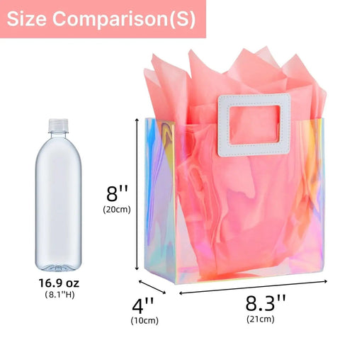 8.3 Inch Holographic Gift Bag With Coral Tissue Paper Reusable Small Tote For Birthdays Bridesmaids Weddings Girls And Women Iridescent Party Favor Pack Of 1 Size Small Party Ready next to water bottle for size comparison