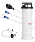 Front view of VEVOR 6.5L manual oil extractor pump with blue-tipped hoses, white reservoir, black handle.
