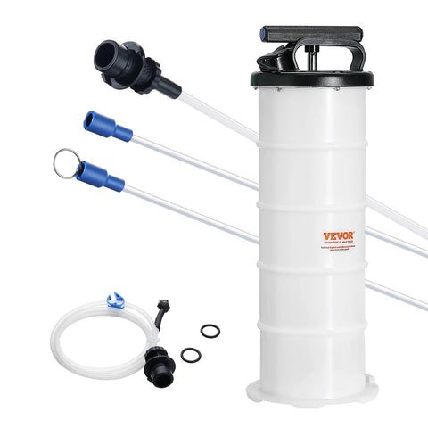 Front view of VEVOR 6.5L manual oil extractor pump with blue-tipped hoses, white reservoir, black handle.