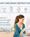 Woman demonstrating easy care wash instructions for Seriously Insane 3 Layer Soundproof Curtains 84 Inch Blackout Drapes.