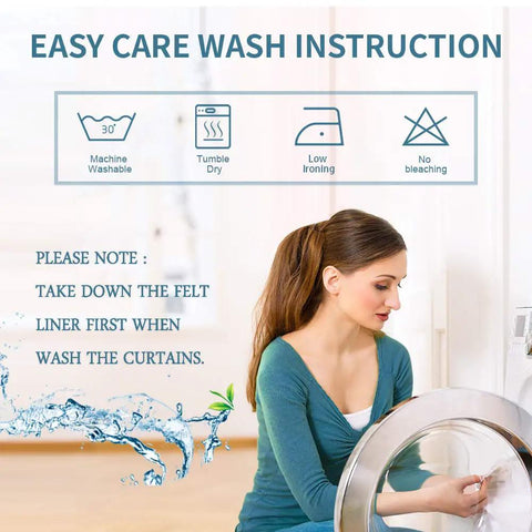 Woman demonstrating easy care wash instructions for Seriously Insane 3 Layer Soundproof Curtains 84 Inch Blackout Drapes.