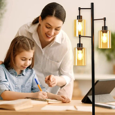 Industrial Tree Floor Lamp With 3 Amber Glass Shades Rustic Tall Standing LED Lamp For Living Room Bedroom Or Office Warm 360 Degree Lighting E26 Base Bulbs Included 67 Inches Tall