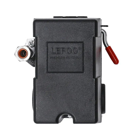 Heavy Duty Air Compressor Pressure Switch With Unloader No Fuss Start, 95 To 125 PSI, Single Port, One Quarter Inch NPT, side view.