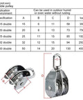 Rock Solid M50 Double Pulley Block Crafted From Top Grade 304 Stainless Steel featuring dimensions and weight capacity.