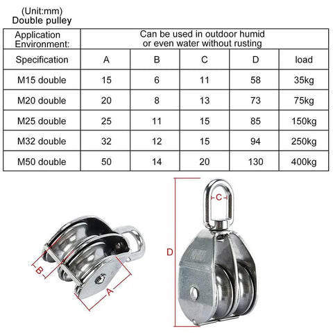 Rock Solid M50 Double Pulley Block Crafted From Top Grade 304 Stainless Steel featuring dimensions and weight capacity.