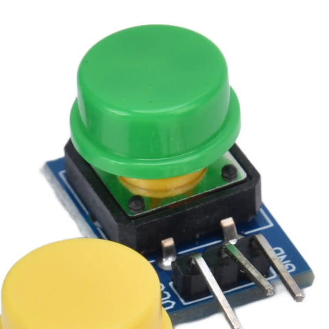 Close-up of green tactile button switch on a PCB, part of the 5 Piece Button Switch Module Large Push Button Board With Tactile Keys And Color Covers Perfect For Sensor Expansion Boards And Smooth Circuit Building Sets Straight Up Dead Simple Wiring No Sweat Assembly Badass Quality.