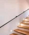 14 Ft Heavy Duty Pipe Stair Handrail Built Like A Tank Black Metal Railing With Powder Coat Finish for indoor stairs with wooden steps.