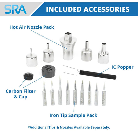 Accessories for 4 In 1 SMD Hot Air Rework Station With 70W Soldering Iron Vacuum Pickup And Smoke Absorber, including nozzles and tips.