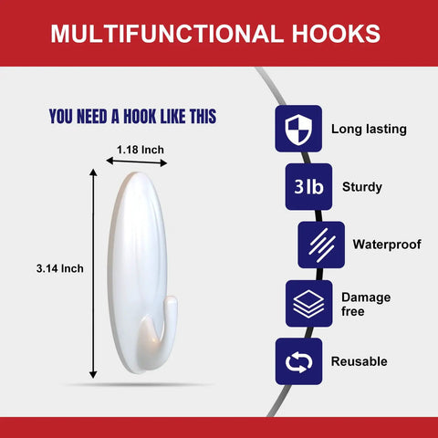 Nine Piece Wall Hook Set With Twelve Adhesive Strips For Damage Free Hanging In Bathroom And Kitchen Heavy Duty ABS Plastic