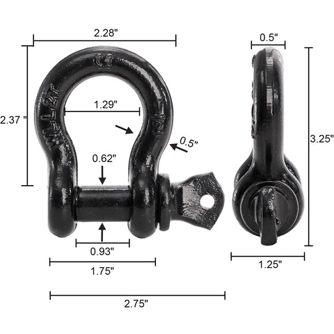 Six Pack Half Inch D Ring Shackle Heavy Duty Tow Strap Winch Off Road Vehicle Recovery Two Ton Four Thousand Lbs Capacity Black