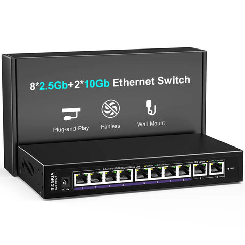 Unmanaged 10Gb Ethernet Switch with 2 10Gb RJ45 ports and 8 2.5Gb Base-T ports for desktop or wall mount showing front view.