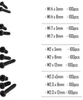 No Sweat Heavy Duty Black Carbon Steel Self Tapping Screws Assortment Kit with smooth round pan heads in various sizes.