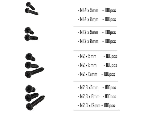 No Sweat Heavy Duty Black Carbon Steel Self Tapping Screws Assortment Kit with smooth round pan heads in various sizes.