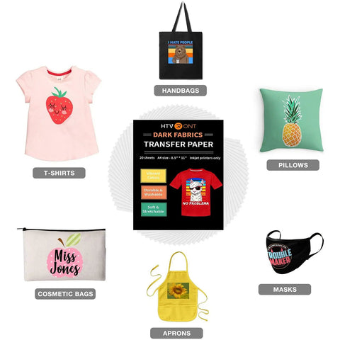 Infographic of 20 Sheets Heat Transfer Paper For T Shirts 8.5 By 11 Inches Printable Transfer Vinyl For Dark Fabric with item examples