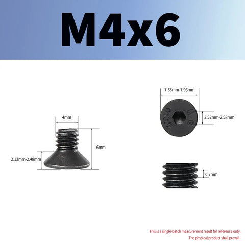 Diagram showing M4x6mm Flat Head Hex Socket Cap Screws 50 Pieces, Heavy Duty Countersunk Bolts, 10.9 Grade Alloy Steel Black Oxide Finish