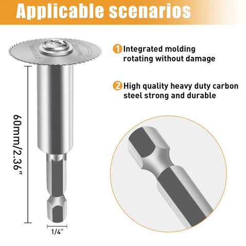 Beefy Cutting Wheel for Drill and Rotary Tool with 6 Steel Saw Blades, 1/4 Inch Hex Shank, shown with size and material details