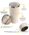 20oz Ceramic Lined Travel Tumbler With Double Wall Vacuum Insulation And Secure Lid, beige with leak-resistant lid and silicone coaster.