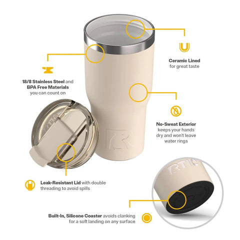 20oz Ceramic Lined Travel Tumbler With Double Wall Vacuum Insulation And Secure Lid, beige with leak-resistant lid and silicone coaster.