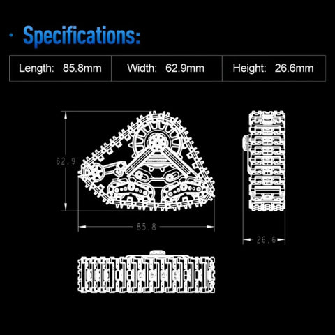 All Terrain Caterpillar Track Set 2Pcs For 1/18 FCX18 And 1/24 FMS RC Trucks with dimensions and technical details in white outline.