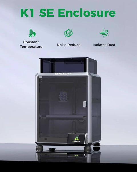 K1 SE And K2 SE 3D Printer Enclosure With Transparent Black Cover displayed with features: constant temp, noise reduction, dust isolation.