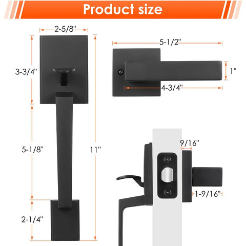 Matte Black Front Door Handle Set With Single Cylinder Exterior Entry Lever Reversible For Right Or Left Handed Doors Built Tough Zinc Alloy Build Durable Electroplated Finish Easy Install showing product dimensions