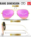 RB3025 Pilot Shape Polarized Sunglasses For Men And Women With Cyclamen Flash Lens dimensions shown, matte gold frame