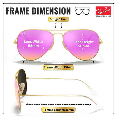 RB3025 Pilot Shape Polarized Sunglasses For Men And Women With Cyclamen Flash Lens dimensions shown, matte gold frame