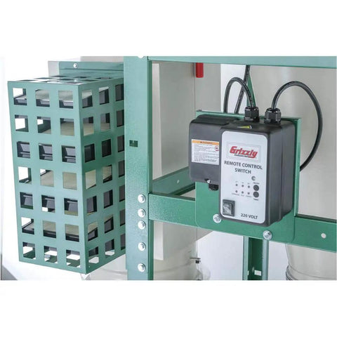 Detail of remote control switch and filtration basket of the 2 Horsepower Dual Filtration HEPA Cyclone Dust Collector.