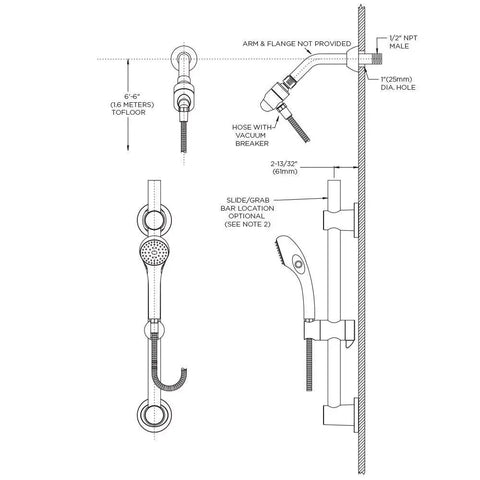 Technical diagram of Versatile ADA Compliant Handheld Shower System With 59 Inch Hose, Swivel Arm Holder, and Grab Bar.