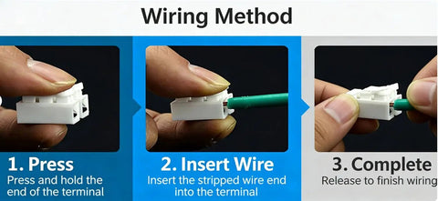 Effortless Push In Terminal Connectors Set 2 Pin Spring Loaded Wires 18 To 28 AWG Tool Free Insertion Vibration Resistant Locking