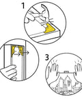 Illustration of 3-step installation for Place And Push Canvas Hangers for Drywall, top corner mount, secure wall art hanging.