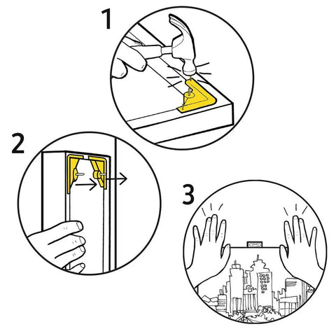 Illustration of 3-step installation for Place And Push Canvas Hangers for Drywall, top corner mount, secure wall art hanging.