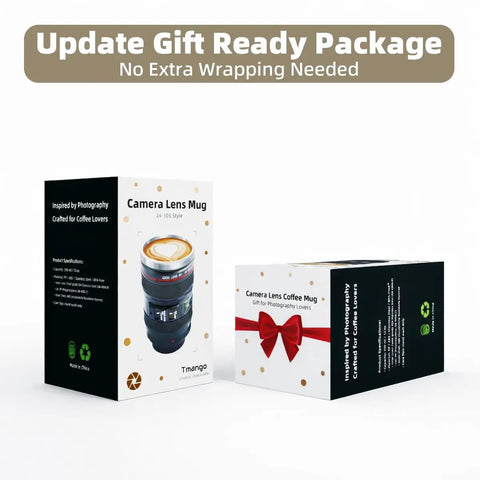 Box packaging of Camera Lens Coffee Mug With Clear Lid And Spoon, Lightweight Lens Cup Replica For Photographers, Holiday Gift Box Ready