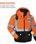 Hi Vis Class 3 Bomber Jacket Quilted Orange XX Large US Weatherproof Wind and Water Resistant With 160g Insulation shown with hood and pockets